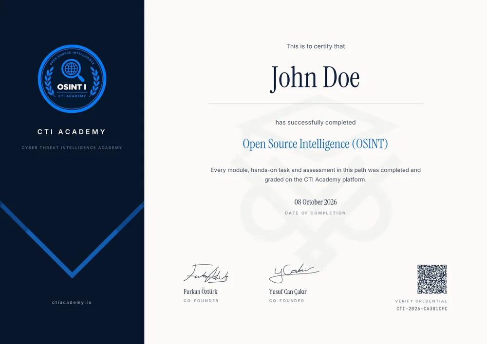 A CTI Academy learning path certificate for Open Source Intelligence (OSINT)